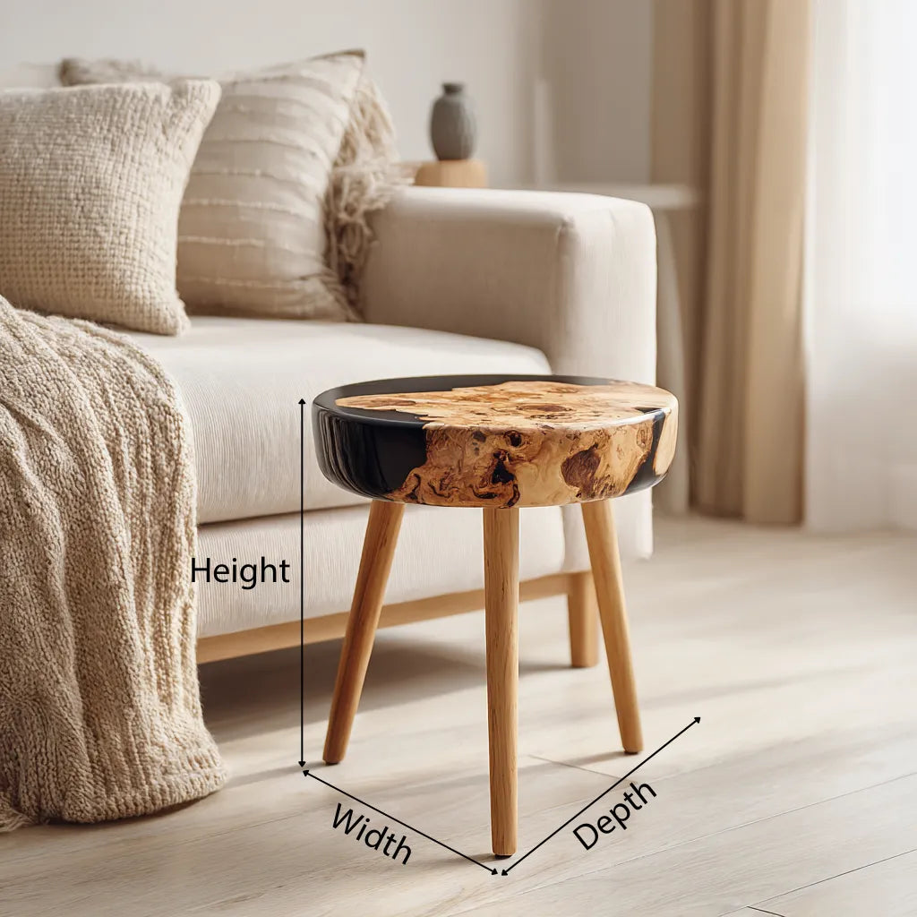 Dimensions of modern round wooden resin coffee table with height and diameter measurements
