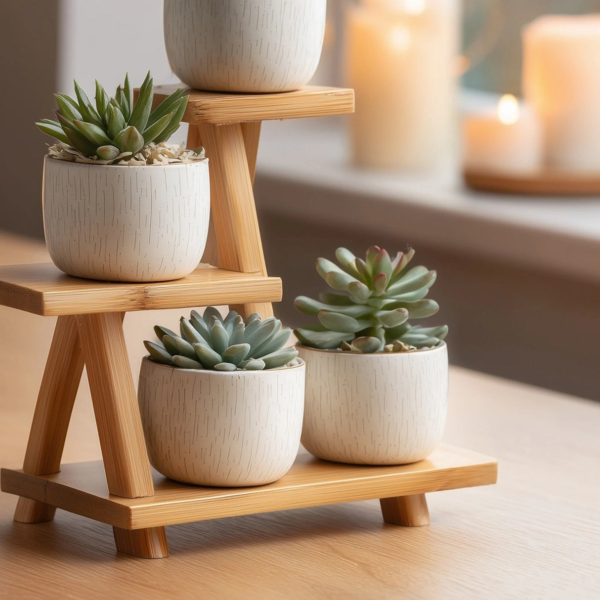 Multi level wooden display stand for small decor angled view highlighting layered shelves