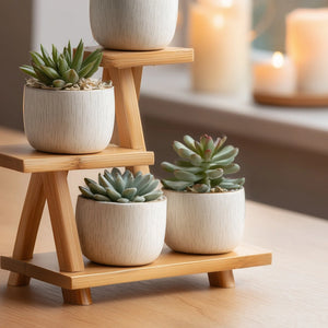 Multi level wooden display stand for small decor angled view highlighting layered shelves