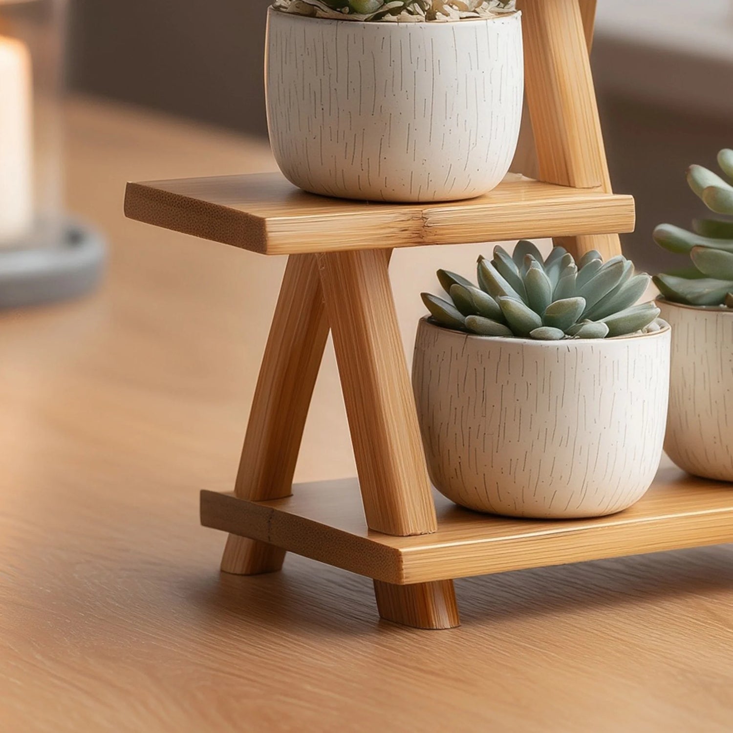 Multi level wooden display stand for small decor close up showing tiered structure