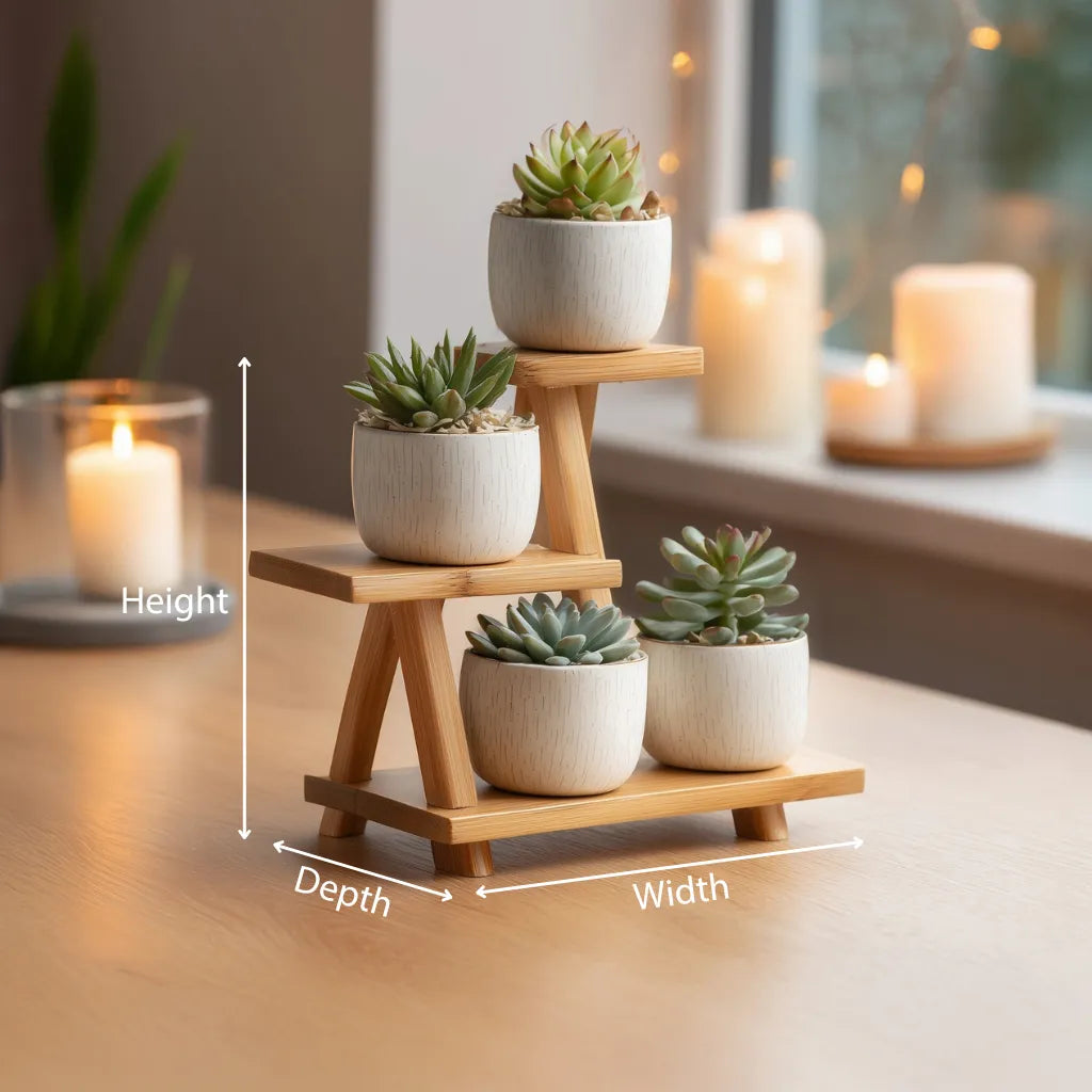Multi level wooden display stand dimensions showing height width and depth