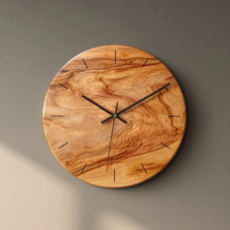 Organic grain round wooden wall clock on neutral wall