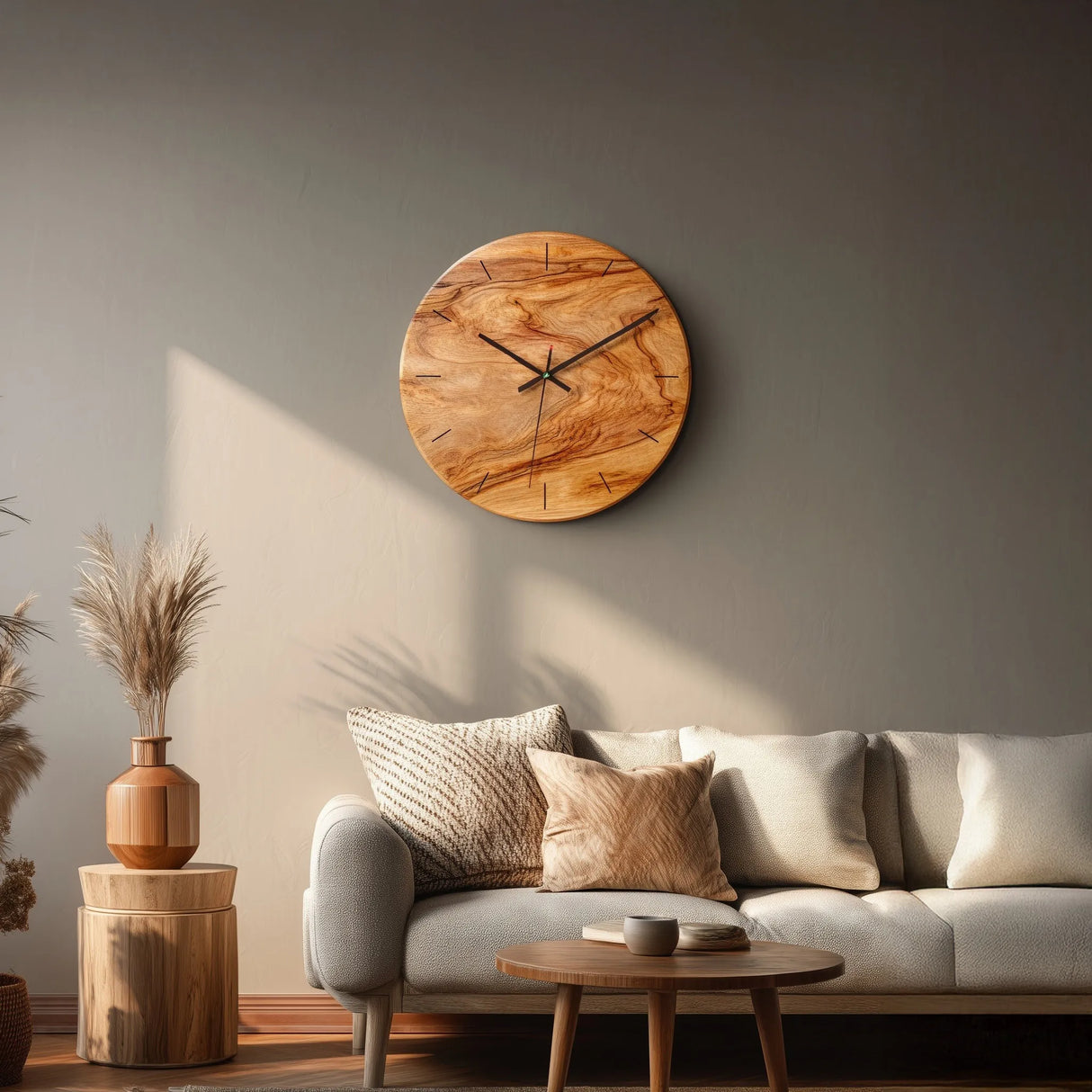Organic grain round wooden wall clock mounted above sofa