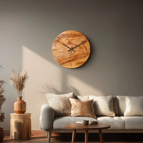 Organic grain round wooden wall clock mounted above sofa