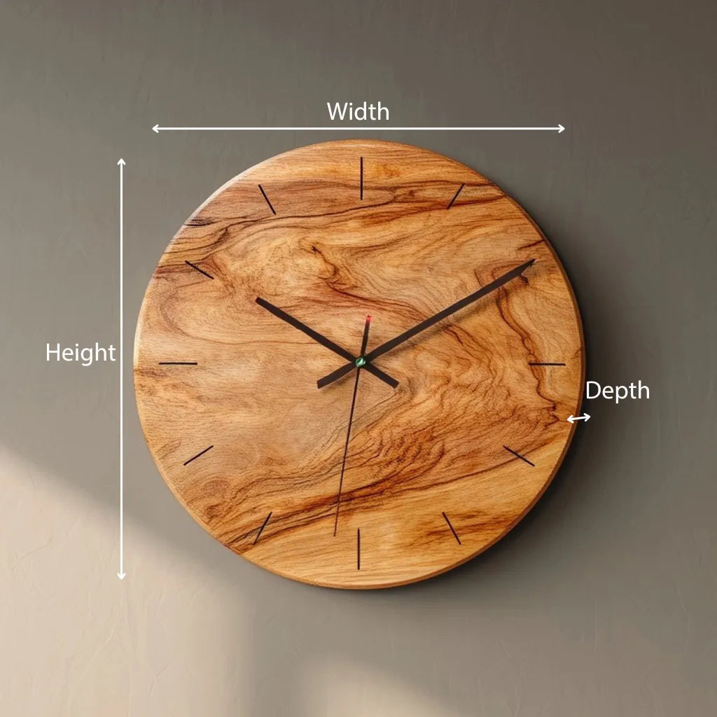 Organic grain round wooden wall clock dimensions showing diameter and depth