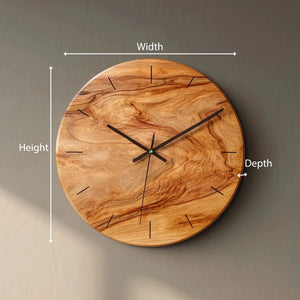 Organic grain round wooden wall clock dimensions showing diameter and depth