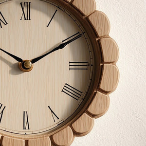 Round wooden wall clock with scalloped frame close up showing dial and roman numerals