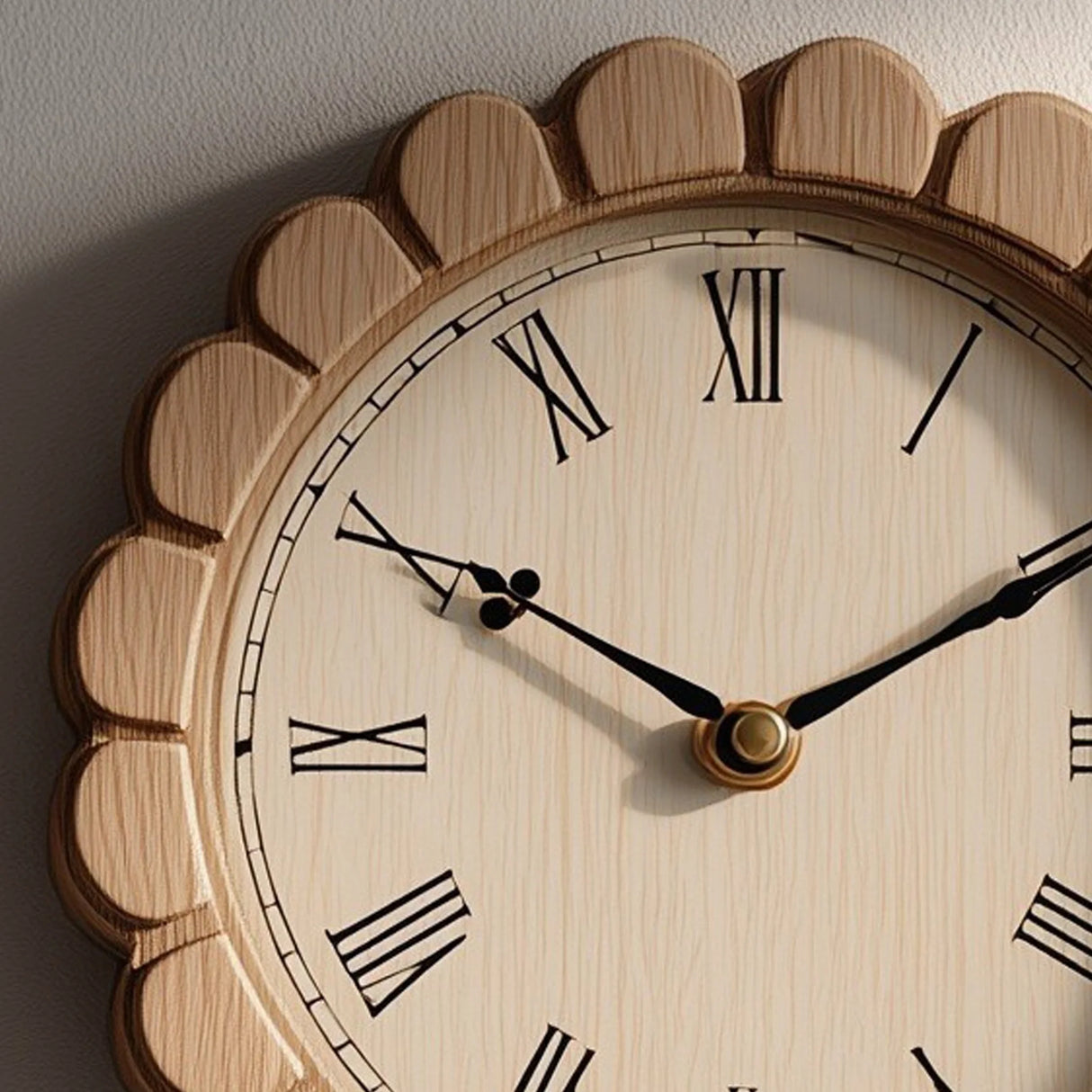 Round wooden wall clock with scalloped frame angled close view highlighting wood detail
