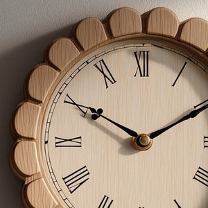 Round wooden wall clock with scalloped frame angled close view highlighting wood detail