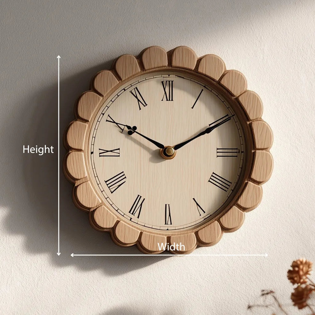 Round wooden wall clock with scalloped frame dimensions showing diameter and thickness