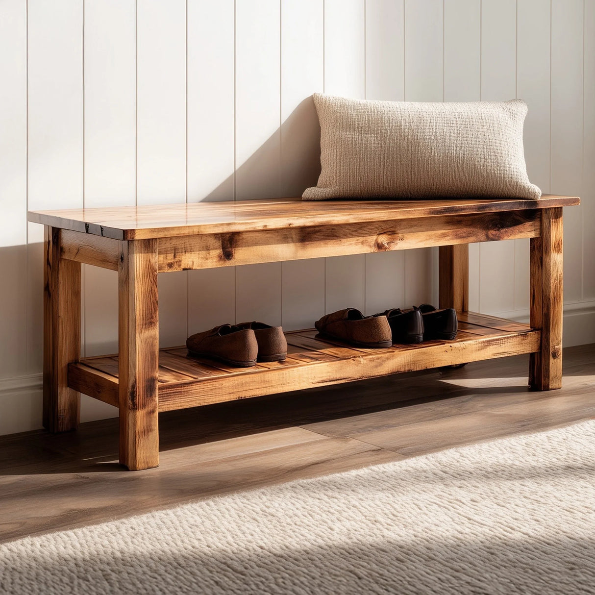 Rustic wooden entryway bench with lower storage shelf in hallway setting with neutral tones