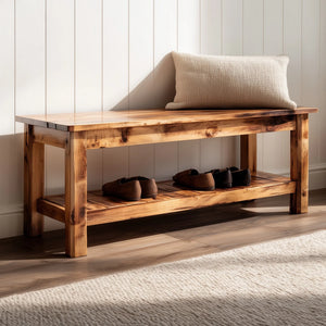 Rustic wooden entryway bench with lower storage shelf in hallway setting with neutral tones