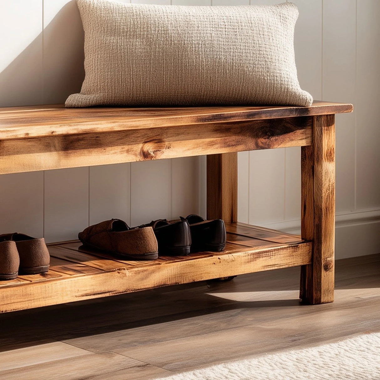 Rustic wooden entryway bench with lower storage shelf front view showing shoe storage area