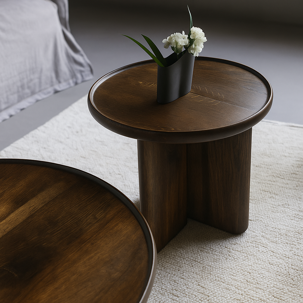 Scandinavian round wooden coffee table with thick legs angled view with decor