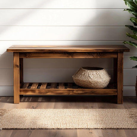 Simple wooden entryway bench with lower storage shelf in entryway setting