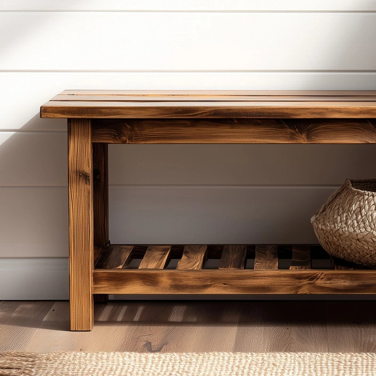 Simple wooden entryway bench with lower storage shelf angled view highlighting frame and surface detail
