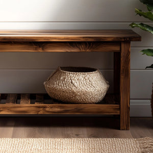 Simple wooden entryway bench with lower storage shelf front view showing open storage space