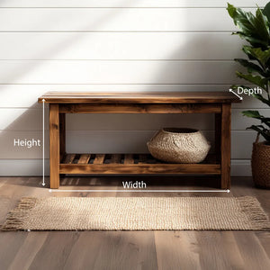 Simple wooden entryway bench with lower storage shelf dimensions showing height width and depth