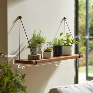 Suspended wooden wall shelf with rope dimensions showing width depth and thickness