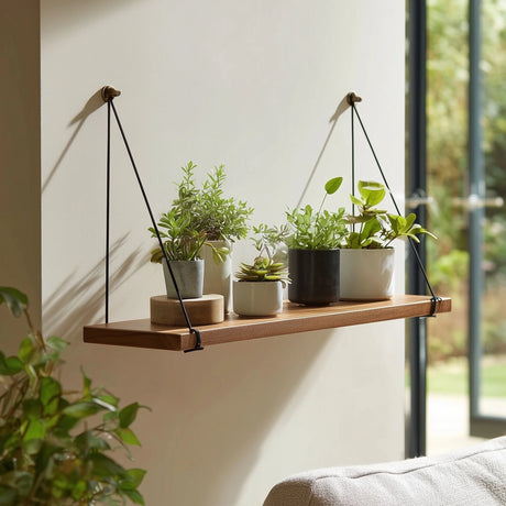 Suspended wooden wall shelf with rope displaying plants near window