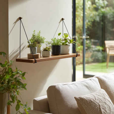 Suspended wooden wall shelf with rope placed above sofa