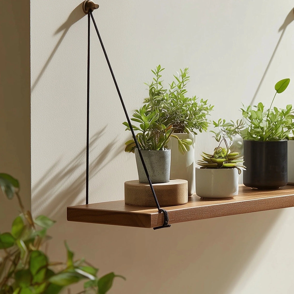Suspended wooden wall shelf with rope close up showing wood surface and plants