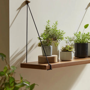 Suspended wooden wall shelf with rope close up showing wood surface and plants