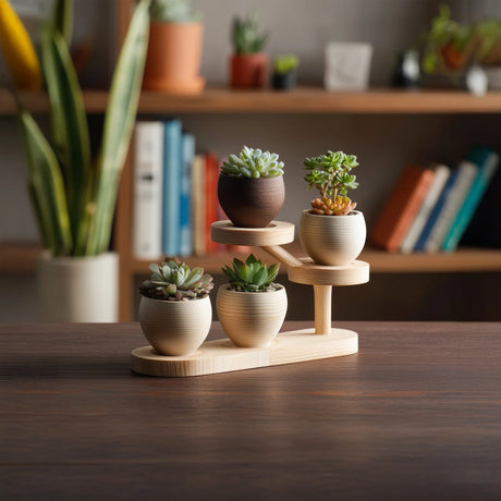 Wooden tiered desktop display stand for small decor with multiple plants on shelf