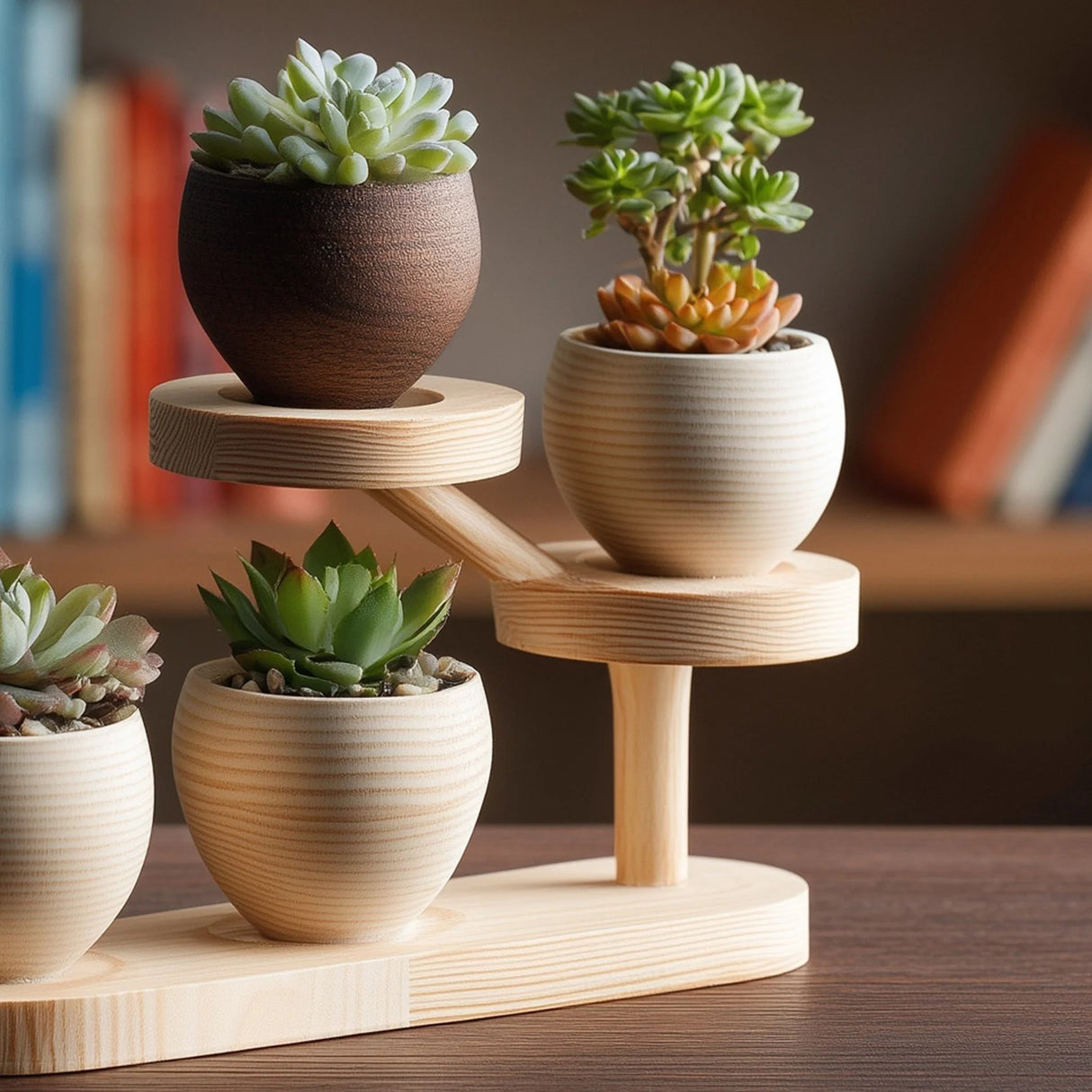 Wooden tiered desktop display stand for small decor close up showing layered design