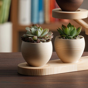 Wooden tiered desktop display stand for small decor angled view highlighting structure