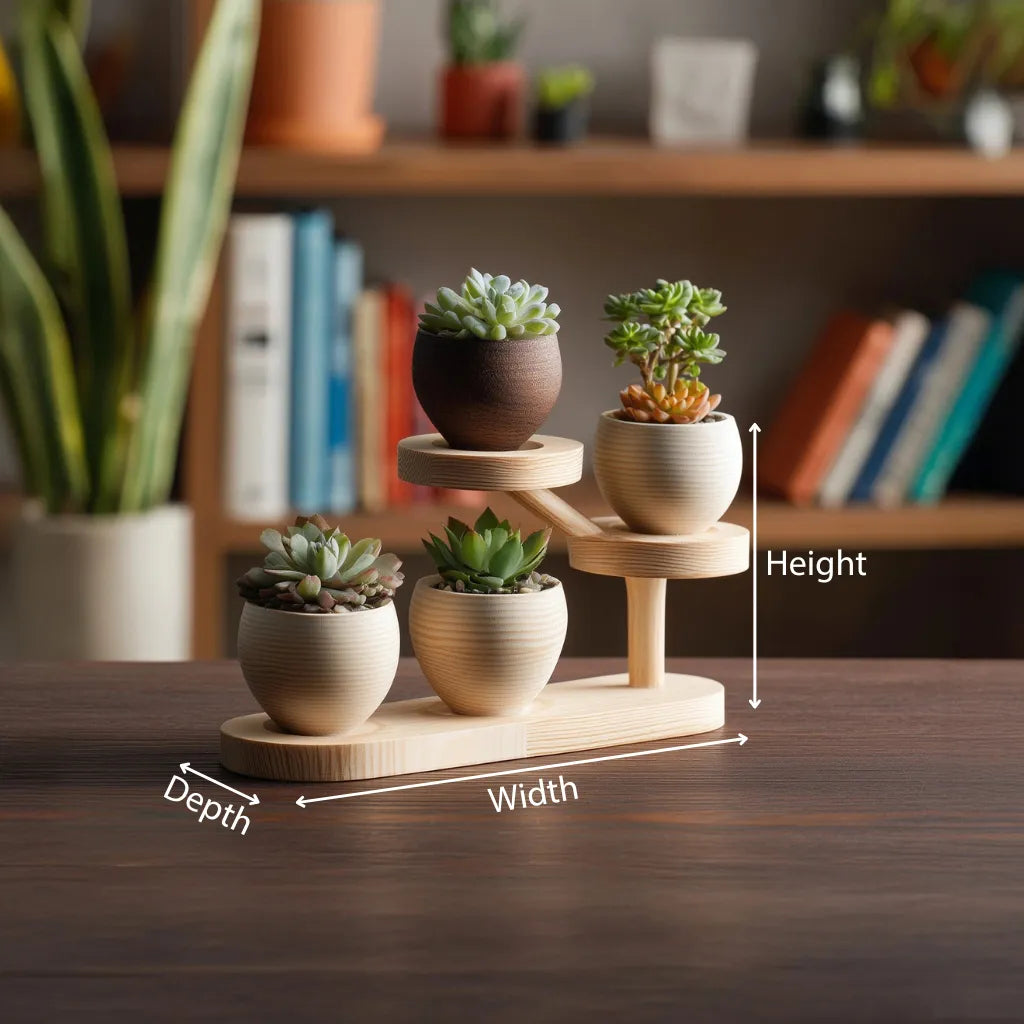 Wooden tiered desktop display stand for small decor dimensions showing height width and depth