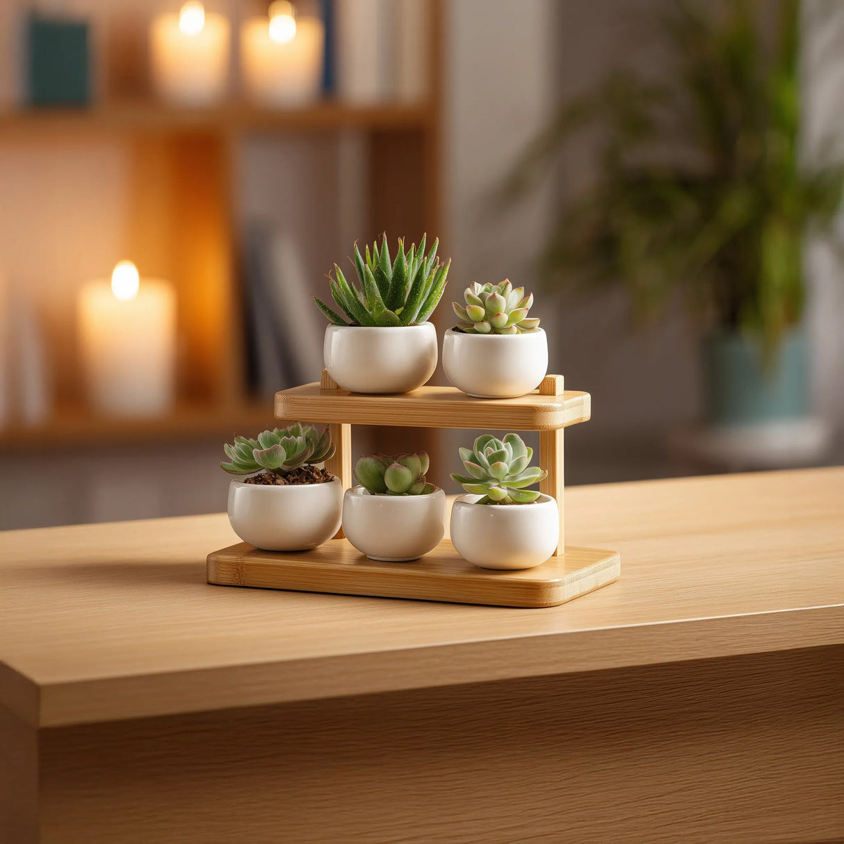 Tiered wooden tabletop display organizer for small decor placed in indoor setting