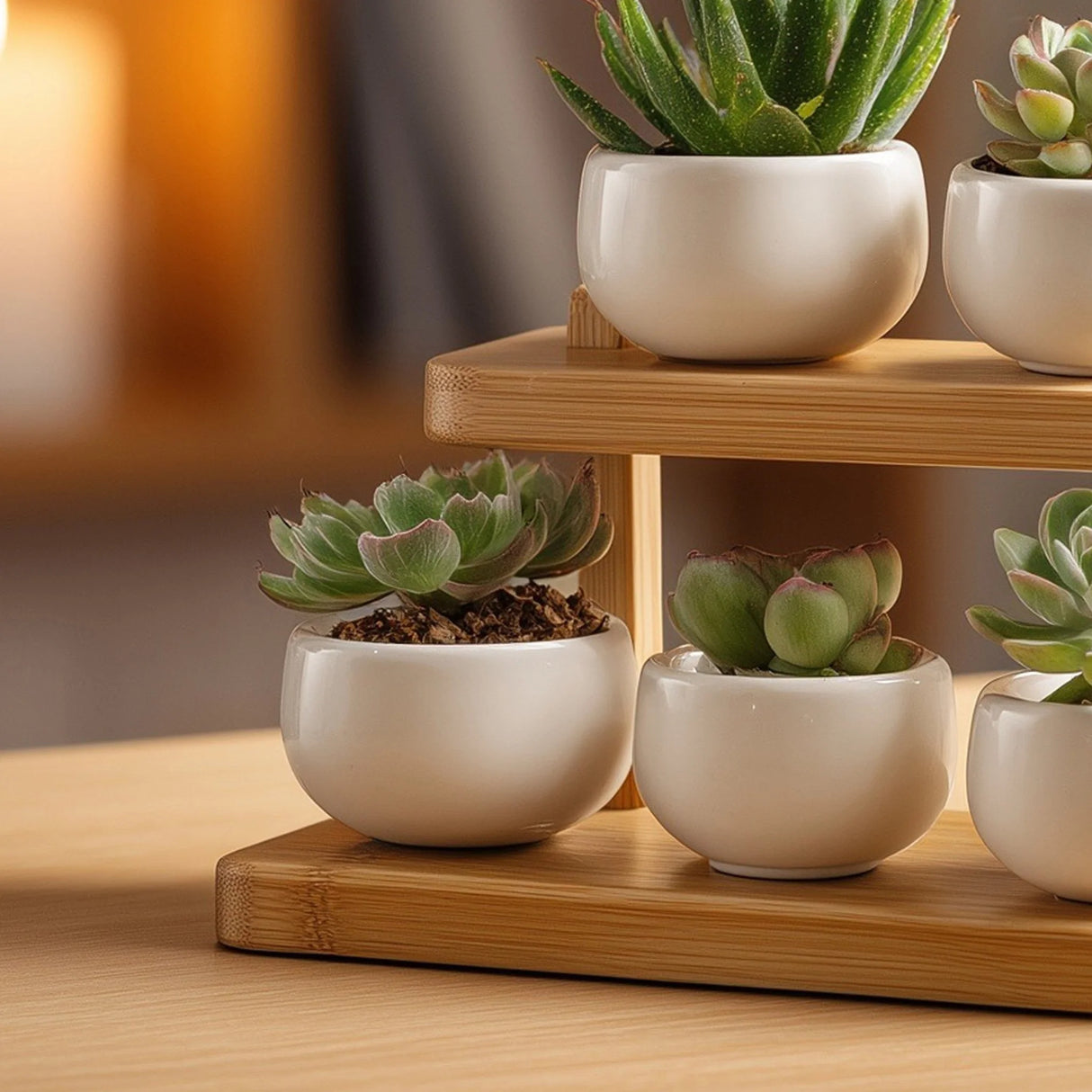 Tiered wooden tabletop display organizer for small decor angled view highlighting structure