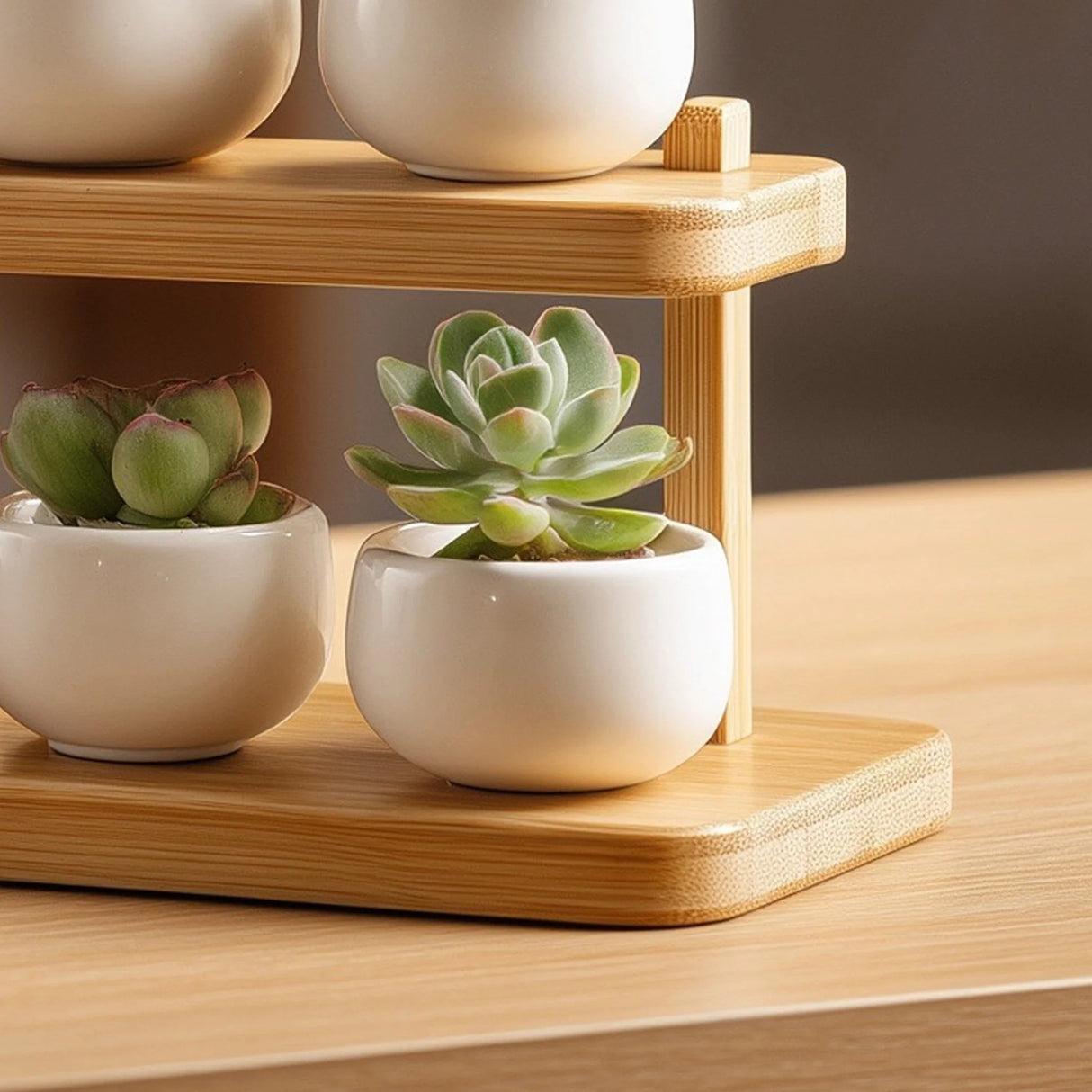 Tiered wooden tabletop display organizer for small decor close up showing shelf detail