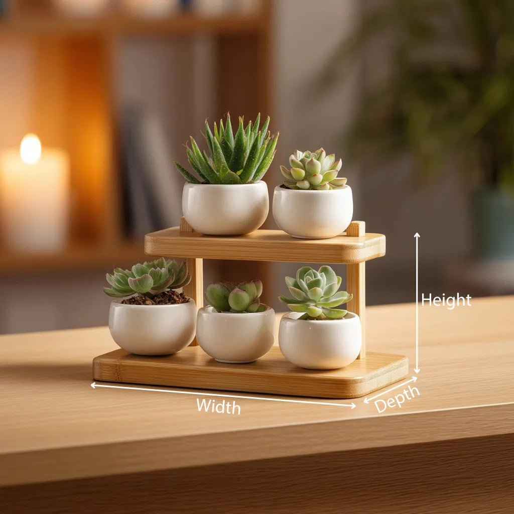 Tiered wooden tabletop display organizer dimensions showing height width and depth