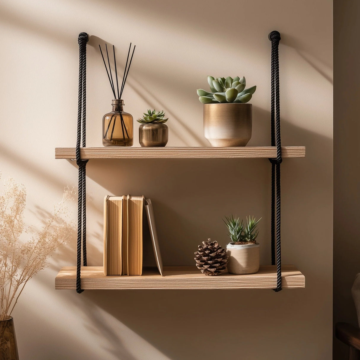 Wooden wall shelf with black rope suspension front view on neutral wall