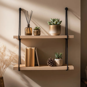 Wooden wall shelf with black rope suspension front view on neutral wall
