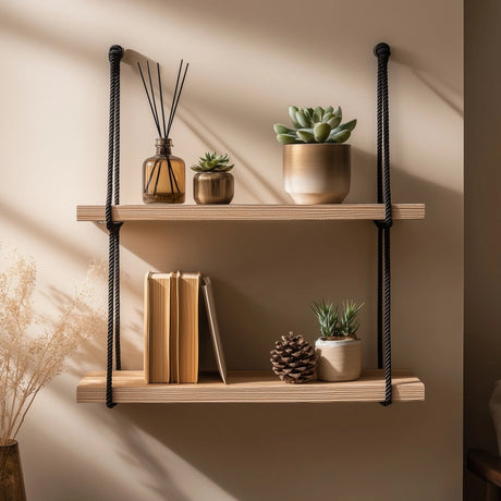 Wooden wall shelf with black rope suspension front view on neutral wall