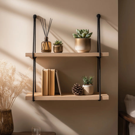Wooden wall shelf with black rope suspension wide angle view showing full setup