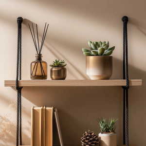 Wooden wall shelf with black rope suspension side angle view highlighting layers