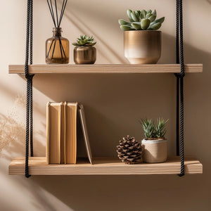Wooden wall shelf with black rope suspension close up upper shelf detail