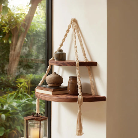 Two tier wood hanging corner shelf with handwoven rope front view near window