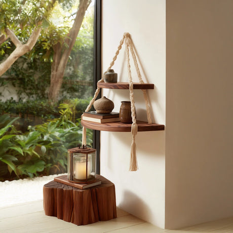 Two tier wood hanging corner shelf with handwoven rope displaying decor near window