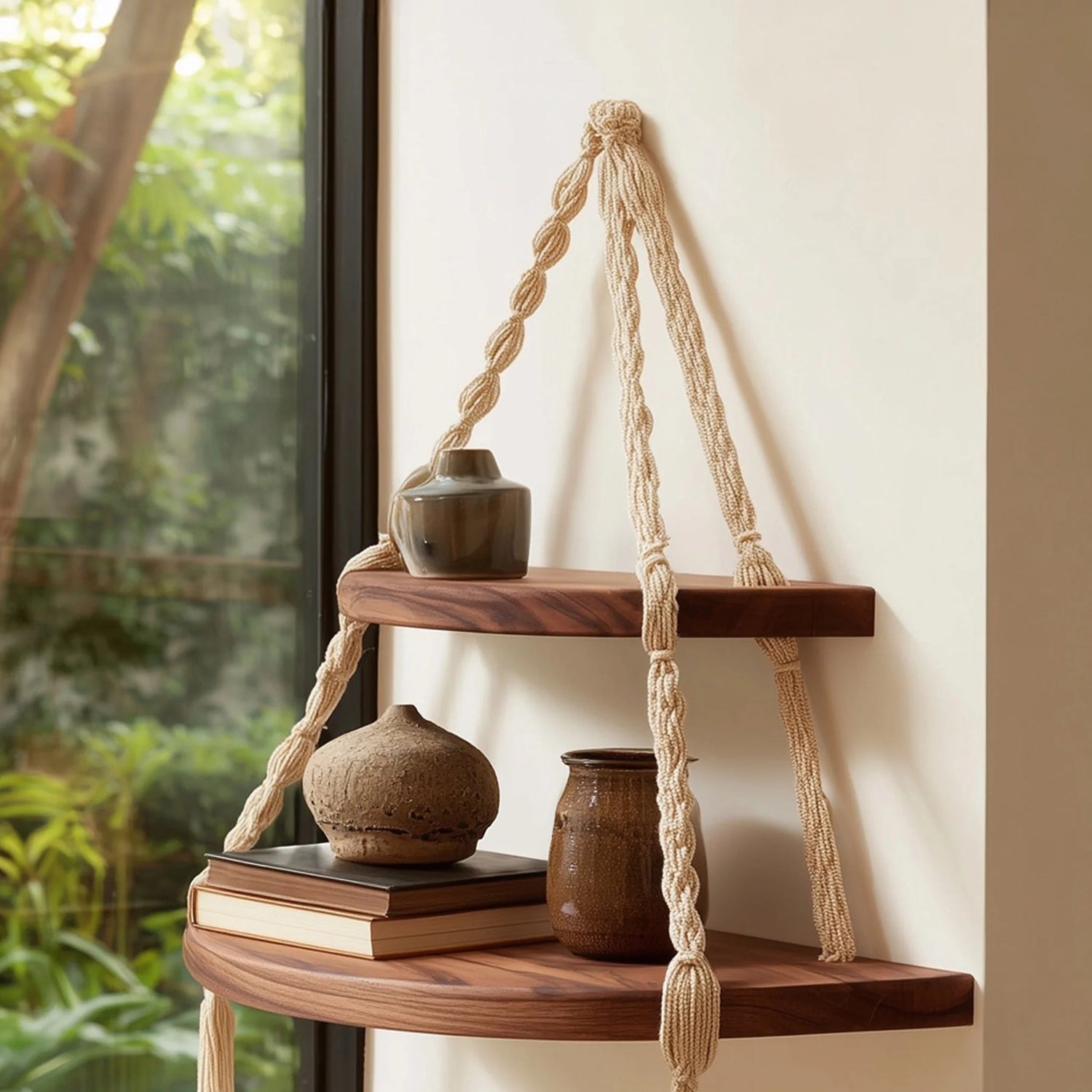 Two tier wood hanging corner shelf with handwoven rope angled view highlighting rope