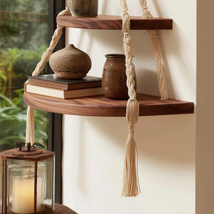 Two tier wood hanging corner shelf with handwoven rope close up showing shelf detail