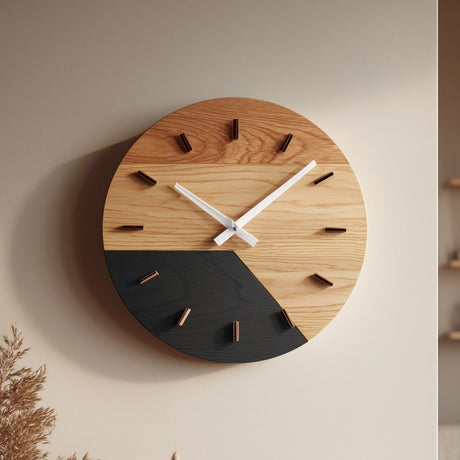 Two tone circular wooden wall clock with black accent