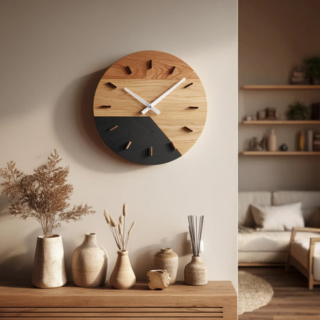 Two tone circular wooden wall clock mounted above console with decor items