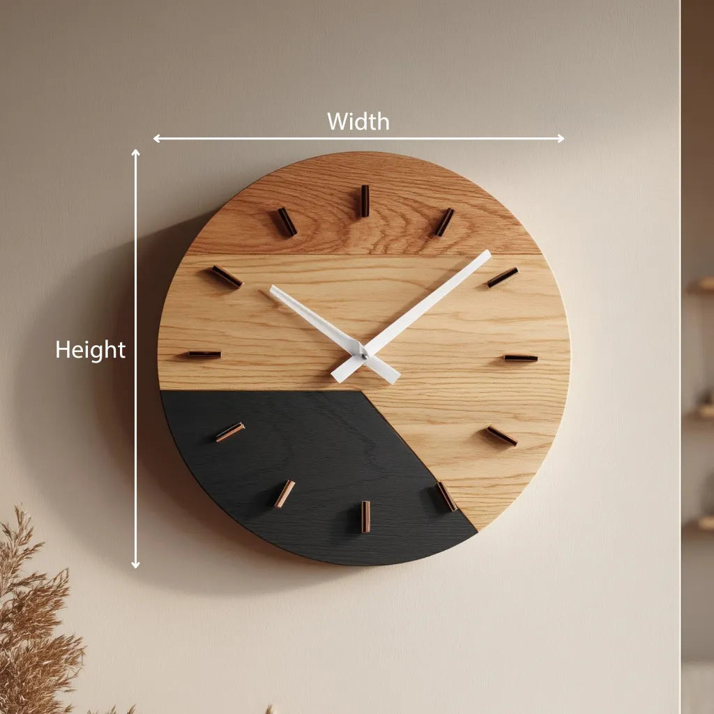 Two tone circular wooden wall clock dimensions showing diameter and depth