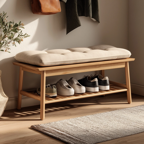 Minimal wooden entryway bench with lower shoe shelf in entryway setting with neutral decor