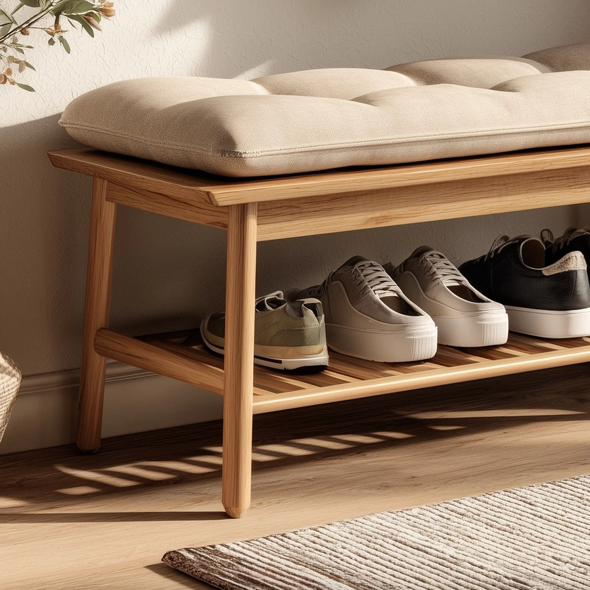 Minimal wooden entryway bench with lower shoe shelf front view showing multiple shoes storage